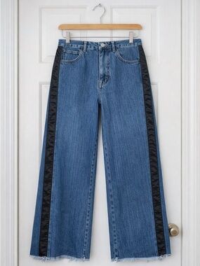 Pilcro Anthropologie Wide Leg Tuxedo Stripe Jeans Black Satin Side Stripe Sz 33